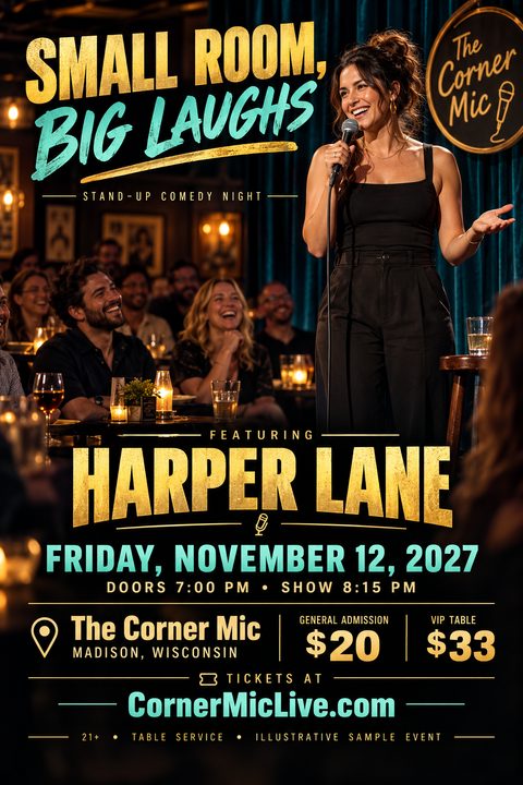 A stand-up comedy flyer template featuring a female comedian on stage with a laughing audience in the background. It uses bold gold foil and teal typography against a dark, moody club setting.