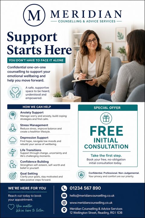 A flyer for counseling and advice services with a photo of a therapist talking to a client, a list of services, and a special offer for a free initial consultation.