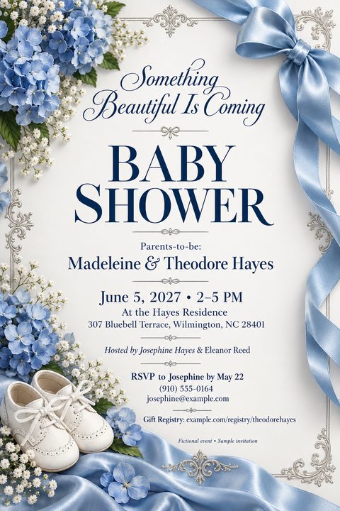 A baby shower invitation with a white background, framed by blue hydrangeas, baby's breath, a blue satin ribbon, and a pair of white baby shoes. The text reads 'Something Beautiful Is Coming, BABY SHOWER' with event details below.
