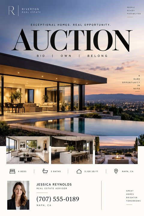 Real estate auction flyer featuring a large photo of a modern luxury home with a pool at sunset, three smaller photos of the interior and patio, property details, and a real estate agent's headshot and contact information.