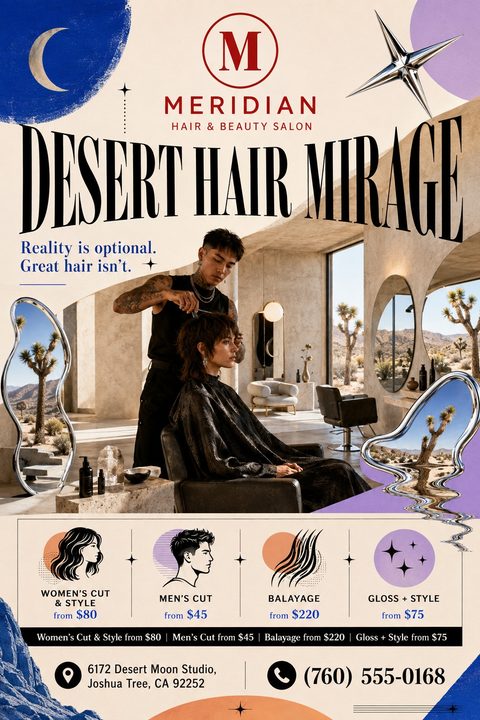 A surreal flyer for a hair and beauty salon featuring a stylist cutting a woman's hair in a desert setting with melting mirrors. Below is a price list for women's cut, men's cut, balayage, and gloss.