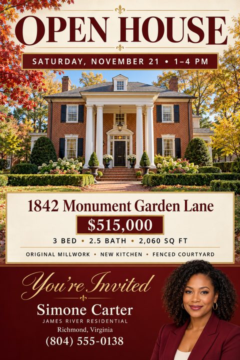 Elegant real estate open house flyer in burgundy and cream. Features a large photo of a stately brick home, property details, price, and a real estate agent's headshot at the bottom.