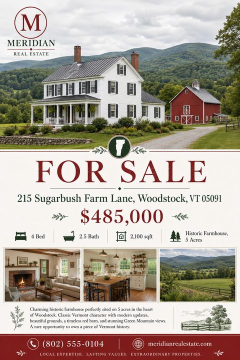 Real estate flyer for a historic farmhouse. Features a large photo of a white farmhouse with a red barn, 'FOR SALE' in large red text, property details, and three smaller photos showing the interior and landscape.