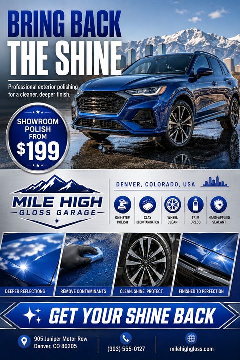 Auto detailing flyer template with a large image of a shiny blue SUV parked in front of mountains. Text reads 'Bring Back The Shine' and 'Showroom Polish From $199'. Includes service icons and four smaller detail photos.