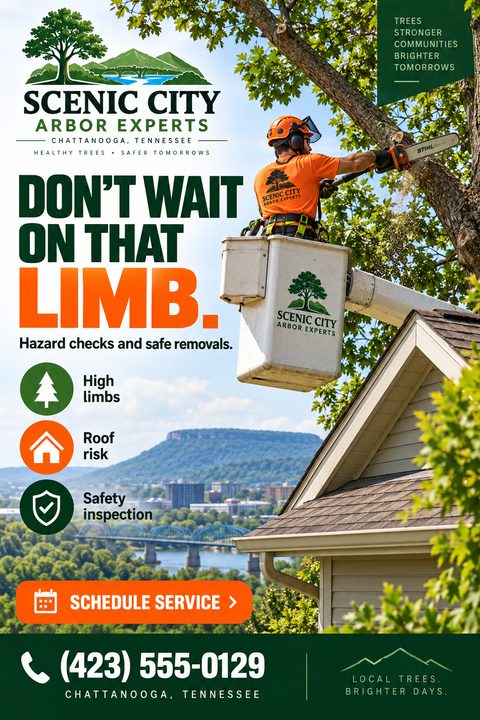 A flyer for Scenic City Arbor Experts with a photo of a man in a bucket truck cutting a tree limb over a house. Text reads 'Don't wait on that limb. Hazard checks and safe removals.'