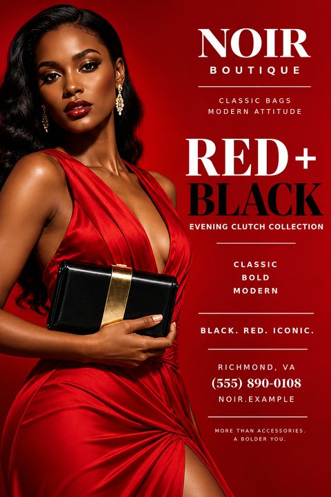 A fashion flyer featuring a woman in a red dress holding a black clutch against a red background. Text reads 'Noir Boutique, Classic Bags Modern Attitude, Red + Black Evening Clutch Collection'.