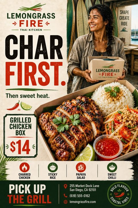 A rustic takeout flyer with a split layout. The left features bold text on a textured background. The right shows a woman holding a takeout box above a close-up of a grilled chicken meal.