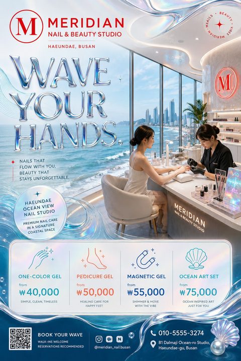 A nail studio flyer featuring a woman getting a manicure by a window with an ocean view. Large, liquid metal 3D text reads 'Wave Your Hands'. Below is a price list with coastal-themed icons.