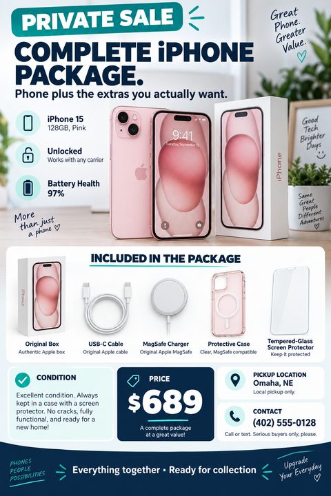 Flyer for a private sale of a complete pink smartphone package, including the phone, box, charger, case, and screen protector, with sections for specs, condition, price, and contact info.