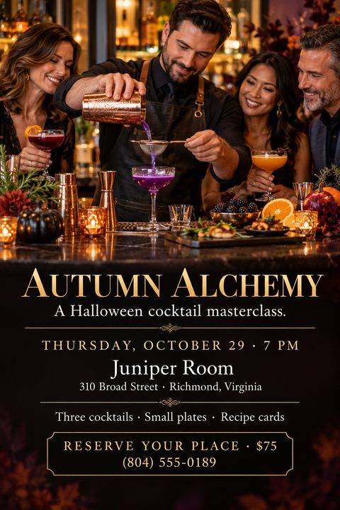 A bartender pours a vibrant purple cocktail for smiling guests at a dimly lit bar. Below, elegant gold text on a black background advertises an autumn Halloween cocktail masterclass.