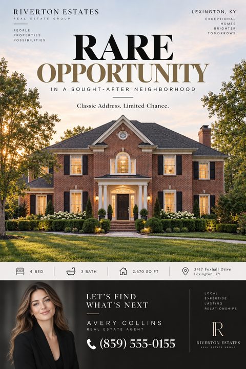 Real estate flyer template with a large photo of a brick mansion at sunset. Text reads 'Rare Opportunity in a sought-after neighborhood'. Includes property details, agent photo, and contact information.