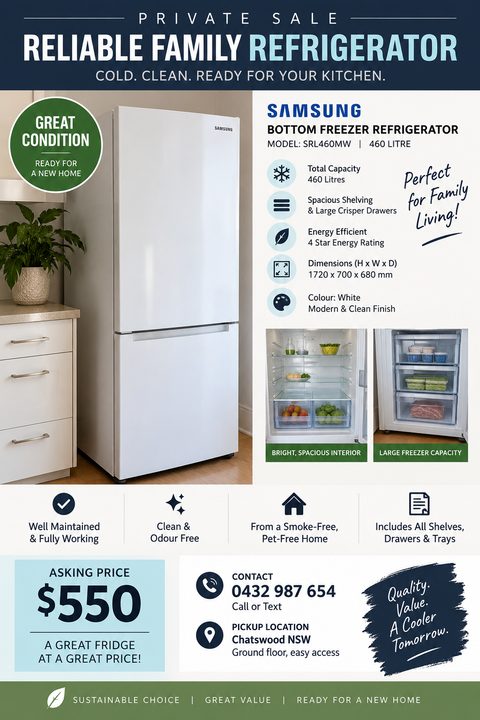 A private sale flyer for a refrigerator featuring a large main photo, two smaller interior photos, a bulleted list of specifications with icons, and a prominent asking price and contact section.