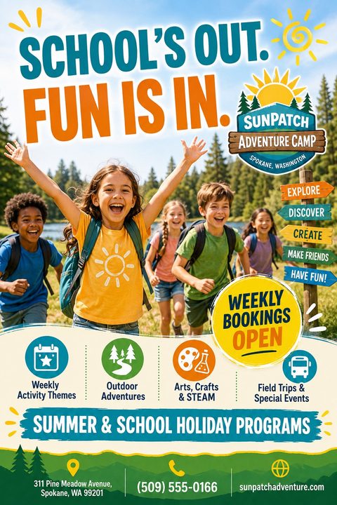 Flyer for a summer camp featuring a photo of five happy children running outdoors with backpacks. Text reads 'School's Out. Fun is In.' and 'Weekly Bookings Open'. Includes icons for activities like outdoor adventures and field trips.