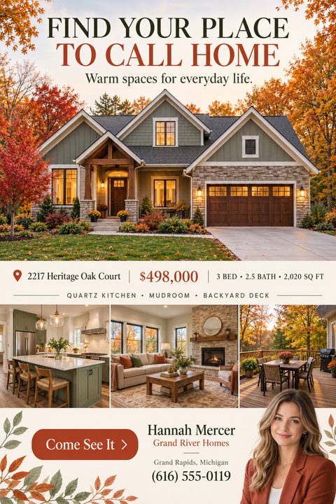 Real estate flyer featuring a large exterior photo of a house in autumn, three smaller interior and deck photos, property details, an agent headshot, and decorative fall leaves on a cream background.