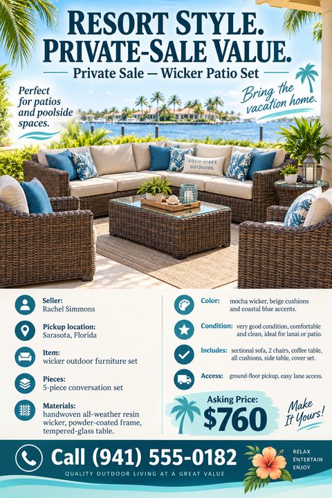 Flyer for a private sale of a wicker patio set. Top half shows a large photo of a brown wicker sectional and chairs with blue cushions by a pool. Bottom half lists details like seller, location, item, pieces, materials, color, condition, includes.