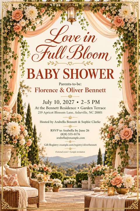 An elegant baby shower invitation featuring a romantic outdoor garden terrace at sunset, framed by an archway draped in peach fabric and lush arrangements of peach and white flowers.