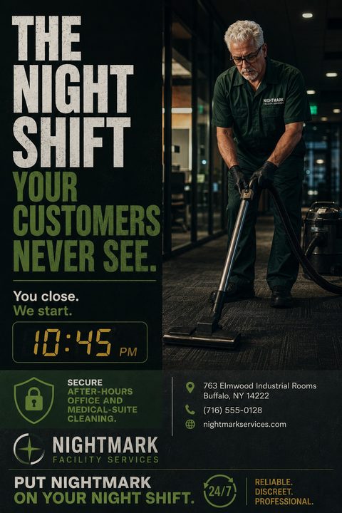 A dark-themed commercial cleaning flyer featuring a man in a green uniform vacuuming a dimly lit office. Bold text reads 'The Night Shift Your Customers Never See' alongside a digital clock showing 10:45 PM.
