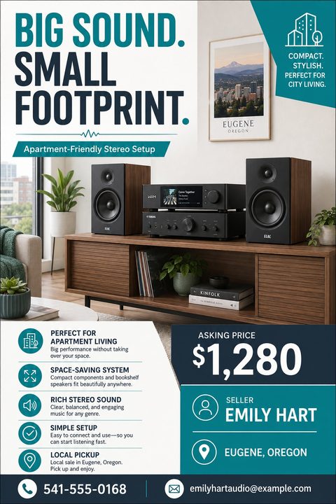 A modern electronics for sale flyer featuring a photo of a stereo system on a wooden console, with bold teal and navy text blocks, bulleted features, and a prominent asking price.