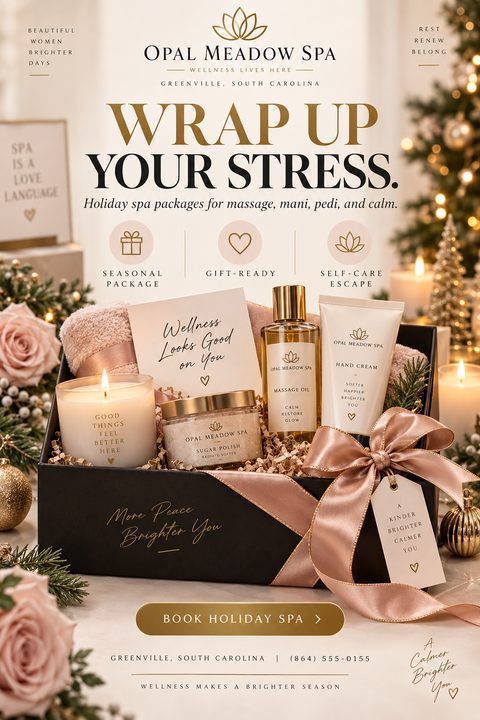 A luxurious holiday spa flyer featuring a black gift box filled with a candle, massage oil, sugar polish, hand cream, and a pink towel, tied with a satin ribbon against a festive background.