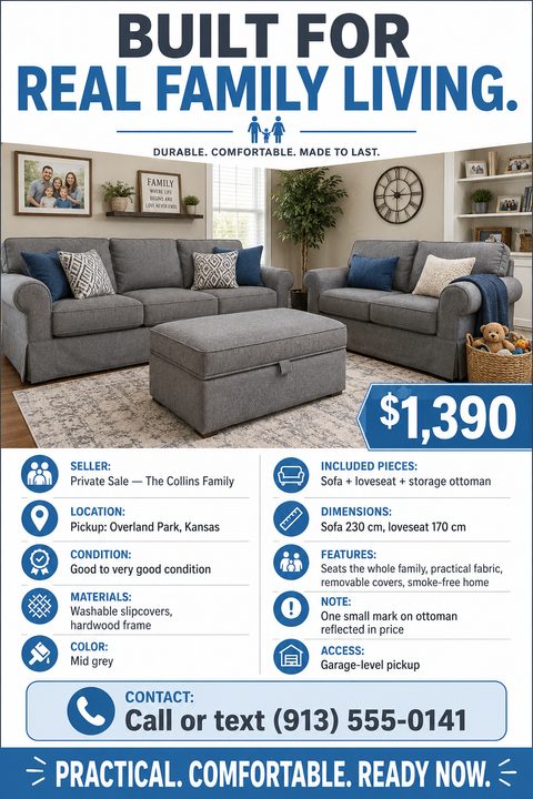 A furniture for sale flyer featuring a large photo of a grey sofa set in a living room. Below, a blue and white section lists details like condition, dimensions, and contact info using icons.