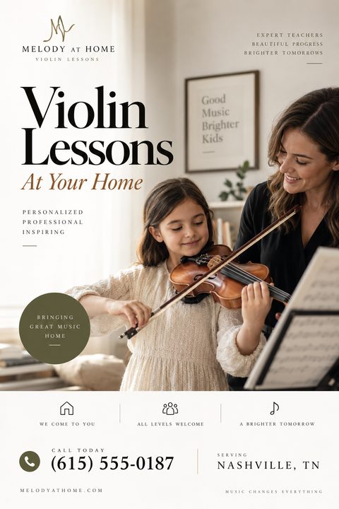 Elegant music lessons flyer featuring a large photo of a young girl playing violin with her teacher. The design uses classic serif fonts, warm cream backgrounds, and an olive green accent circle.