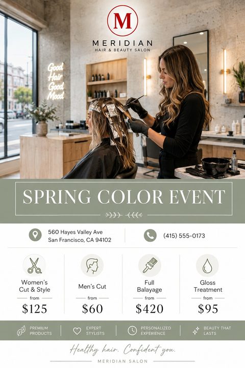 A hair salon flyer featuring a photo of a stylist applying color to a client's hair. The text reads 'Spring Color Event' on a sage green background, followed by a price list for women's cut, men's cut, full balayage, and gloss treatment.