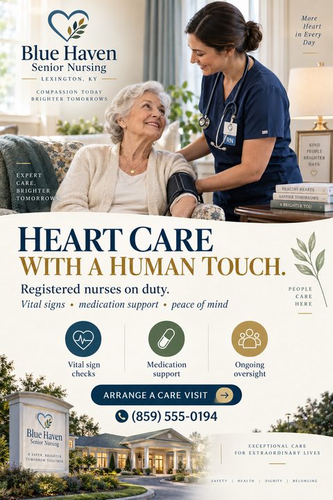 A senior nursing flyer with a cream background, navy and gold text. It features a photo of a nurse checking an elderly woman's blood pressure, service icons, and a picture of a nursing facility.