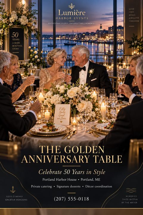 A flyer for Lumiere Harbor Events featuring a photo of an older couple toasting with champagne at a formal dinner party overlooking a harbor at sunset. The text reads 'The Golden Anniversary Table, Celebrate 50 Years in Style'.