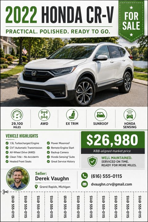 A car for sale flyer featuring a large photo of a white SUV, green text accents, a 'For Sale' badge, vehicle highlights checklist, seller contact info, and tear-off phone number tabs at the bottom.