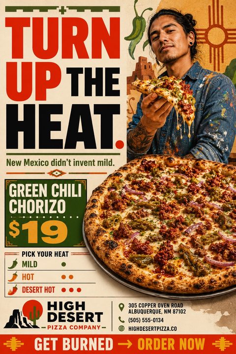 A bold Southwestern-themed pizza flyer featuring a man holding a cheesy slice, a large green chili chorizo pizza, rustic typography, and desert motifs in red, green, and beige.