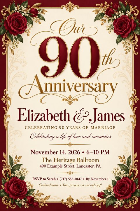 Elegant anniversary invitation flyer with a cream background, framed by a dark red border and ornate gold flourishes. Deep red roses adorn the corners. Large text reads 'Our 90th Anniversary' above the couple's names and event details.