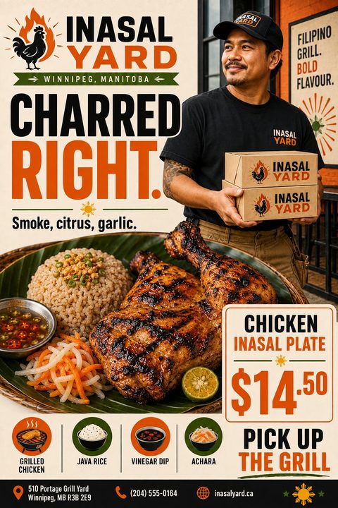 A vibrant takeaway flyer featuring a large photo of grilled chicken and rice on a banana leaf, alongside a smiling man holding takeaway boxes. Bold orange and black text highlights the meal and price.