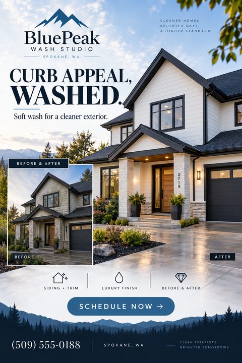A pressure washing flyer featuring a large photo of a clean, modern house with a smaller inset photo showing the same house before cleaning. It includes service icons and a blue mountain silhouette footer.
