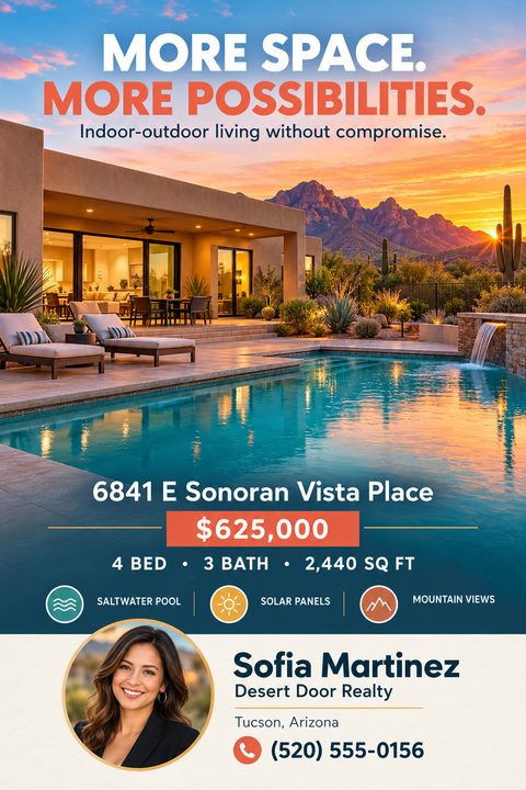 A real estate flyer featuring a large photo of a modern desert home with a pool at sunset. Below are property details, price, feature icons, and a real estate agent's headshot and contact information.