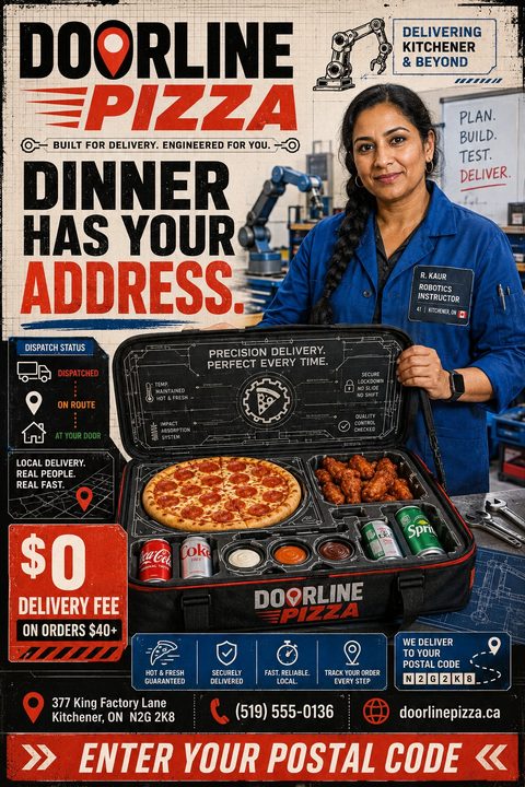 A woman in a blue work shirt holds open a high-tech pizza delivery bag containing a pizza, wings, drinks, and dips. The flyer features industrial fonts, blueprint graphics, and delivery tracking icons.