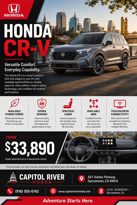 Car dealership flyer template featuring a large photo of a grey SUV in a city, five feature icons, a price tag of $33,890, an interior dashboard photo, and dealership contact details at the bottom.