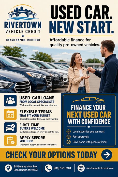 A flyer for Rivertown Vehicle Credit promoting used car finance. It features a photo of a woman receiving car keys from a man at a dealership, with text highlighting flexible terms and first-time buyer support.