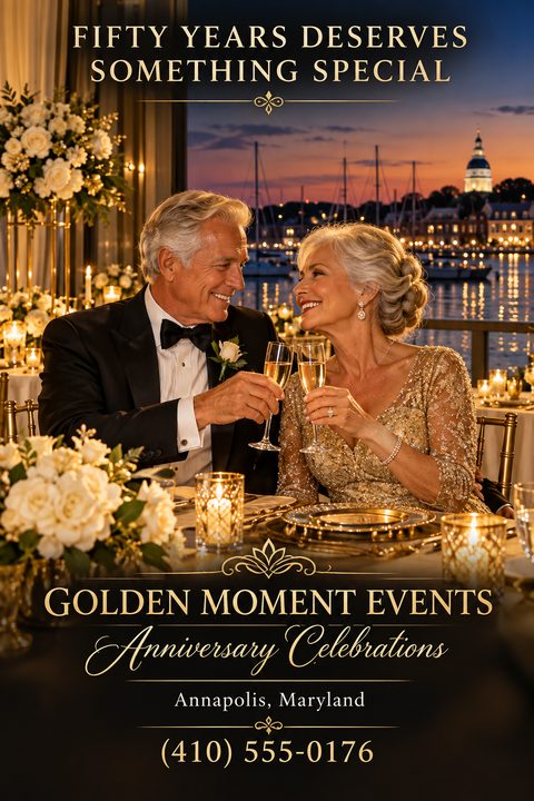 An elegant flyer featuring an older couple in formal wear toasting with champagne at a candlelit dinner table by a waterfront at sunset. Gold text promotes anniversary celebration event services.