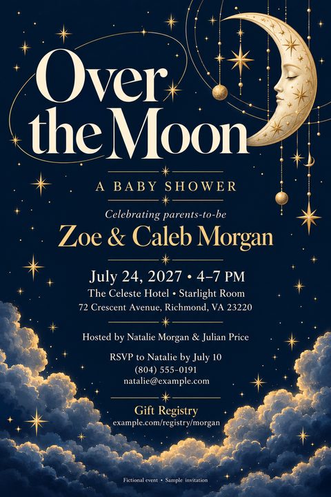 A celestial-themed baby shower invitation flyer featuring a golden crescent moon with a sleeping face, hanging stars, and glowing clouds against a dark navy blue night sky background.