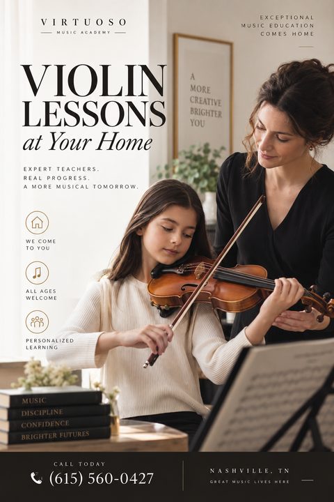 An elegant flyer for in-home violin lessons featuring a photo of a female teacher guiding a young girl playing the violin, with classic serif typography on a warm beige background.