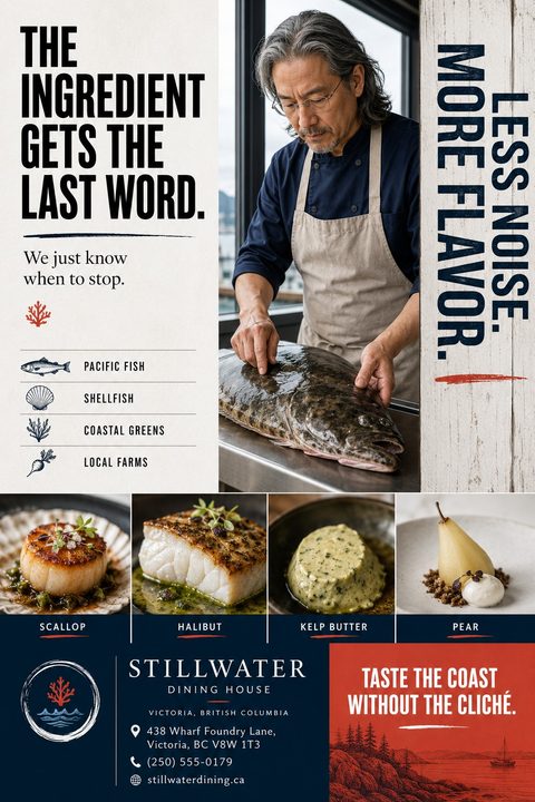 A flyer for a seafood restaurant featuring a large photo of a chef preparing a whole fish, a list of ingredients like Pacific Fish and Shellfish, and a grid of four plated dishes: Scallop, Halibut, Kelp Butter, and Pear. The bottom section includes.