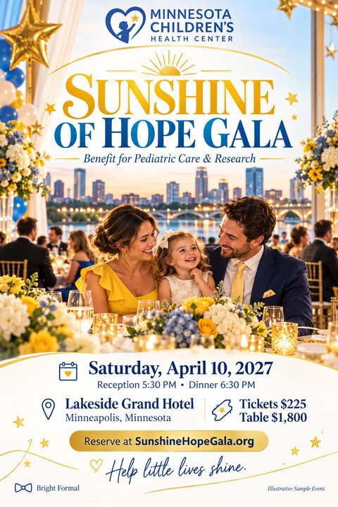 A flyer for a charity gala featuring a happy family at a formal dinner table with a city skyline in the background. Text reads 'Sunshine of Hope Gala' with event details.