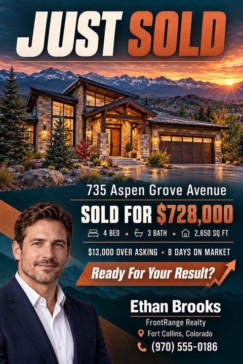 A real estate just-sold flyer featuring a large photo of a mountain home at sunset, bold orange and white text over a navy background, and a professional agent headshot.