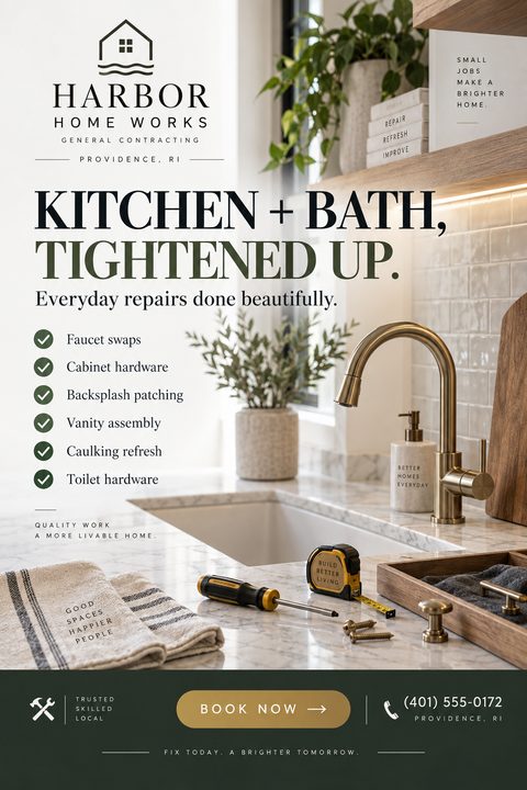 Flyer for Harbor Home Works General Contracting, titled 'Kitchen + Bath, Tightened Up. Everyday repairs done beautifully.' Features a list of services and a photo of a modern kitchen sink with a gold faucet, screwdriver, and tape measure.
