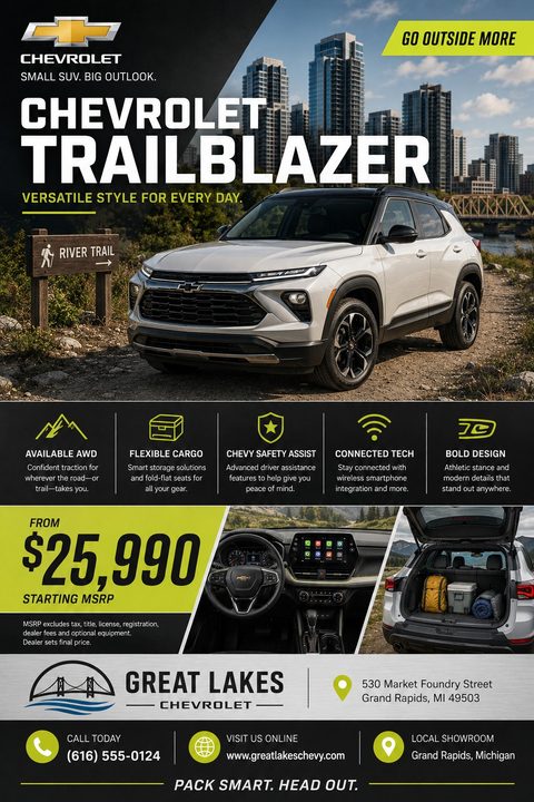 A car dealership flyer featuring a white SUV parked on a dirt trail with a city skyline in the background. The flyer includes sections for vehicle features, interior and trunk photos, pricing, and dealership contact information.
