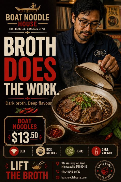 Flyer for a Thai noodle house featuring a man lifting a lid off a large bowl of beef noodle soup. Bold text reads 'Broth Does The Work.' with pricing and ingredient icons below.