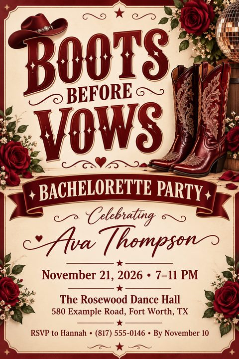 A country-western bachelorette party flyer on a cream background with deep red text reading 'Boots Before Vows'. It features illustrations of burgundy cowboy boots, a cowboy hat, red roses, and a disco ball.