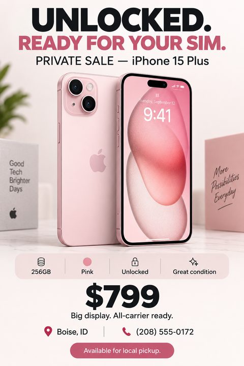 Flyer for a private sale of a pink smartphone. The text reads 'Unlocked. Ready for your SIM. Private Sale.' It includes a large photo of the phone, specs like 256GB and Unlocked, a price of $799, and contact info.