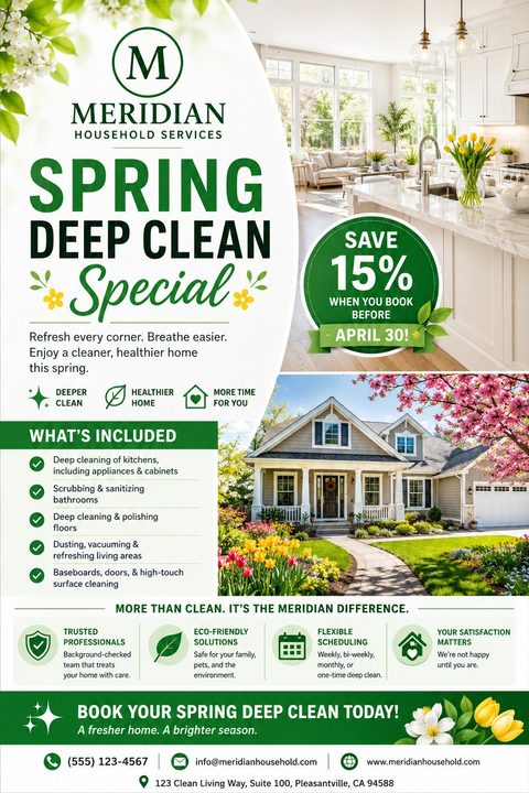 Spring Deep Clean Special flyer template with a white and green color scheme. Features a large 'Spring Deep Clean Special' headline, a 15% off badge, a list of included services, and two photos: a clean kitchen and a house exterior with spring.