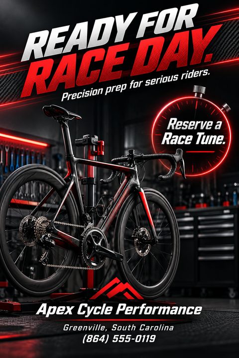 A dark, high-contrast flyer featuring a sleek black and red road bike mounted on a repair stand in a workshop. Bold white and red text reads 'Ready for Race Day.'